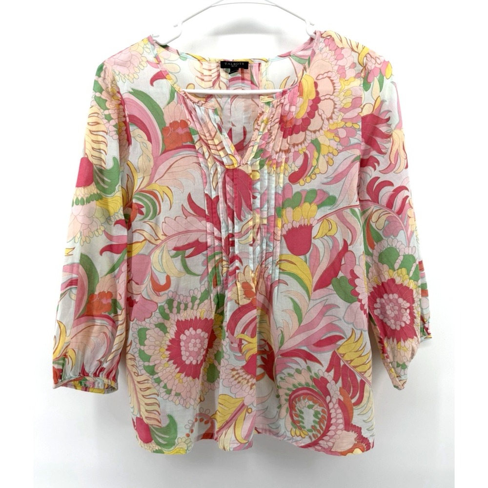 Talbots Pastel Floral 3/4 Sleeve Lightweight Pullover Top Spring Women Small